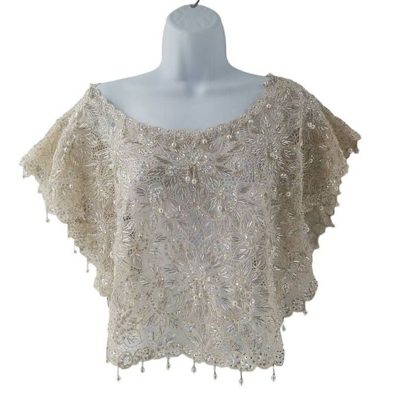 Vintage 1950s-1960s Cream Hand-Embroidered Beaded Cape/Collar/Shawl - Picture 1 of 6
